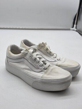 Vans Old Skool Platform Shoes Womens Size 6 White Low Top Sneakers Damaged